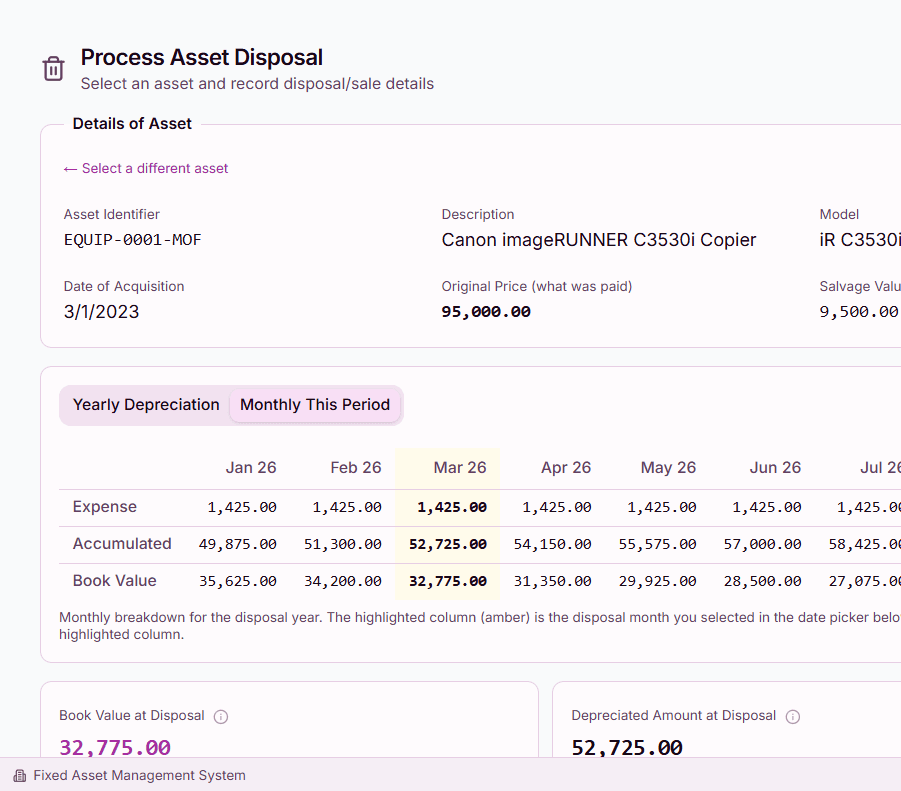 Modern Next.js-based fixed asset disposal screen