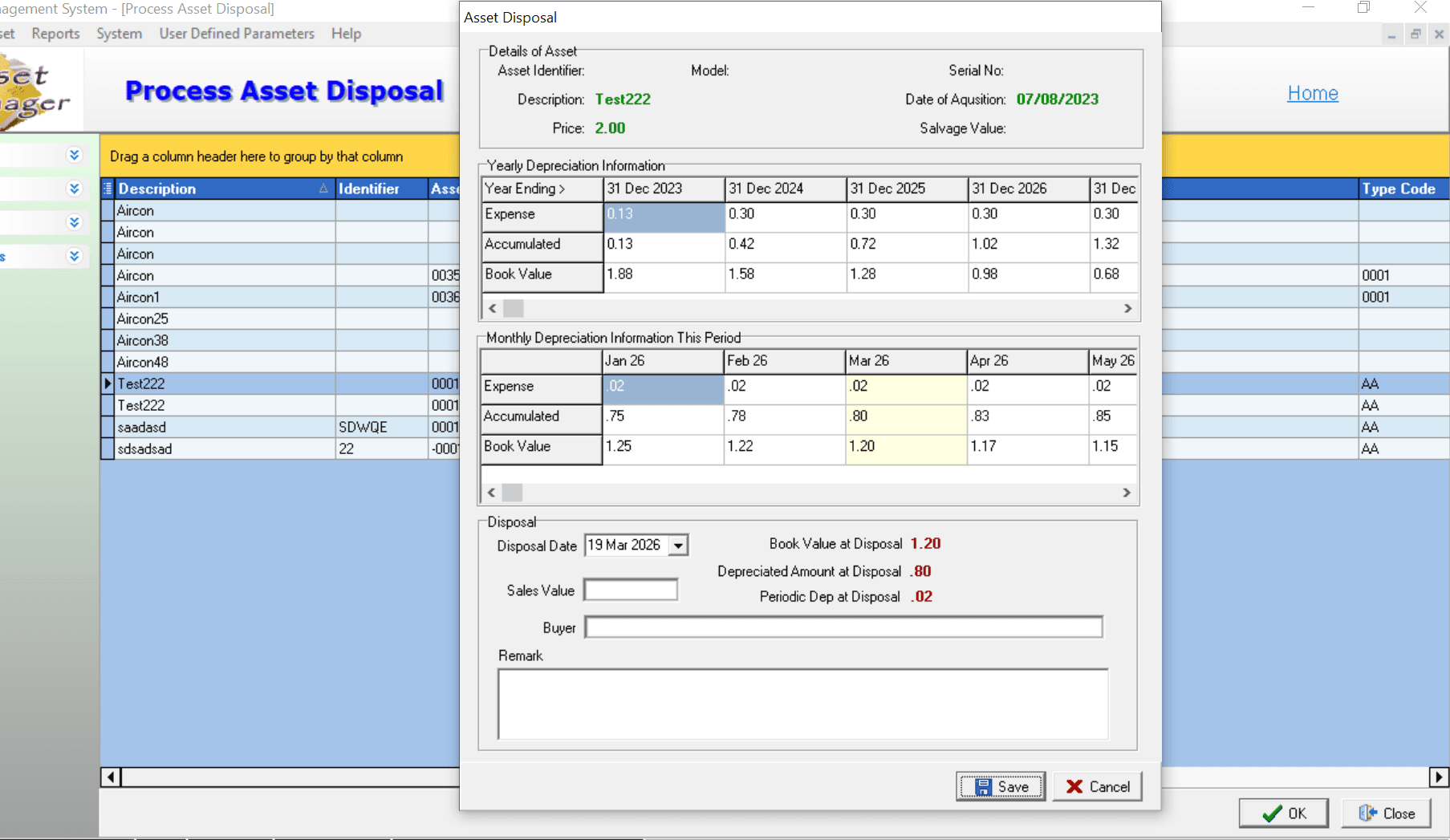 Legacy Delphi-based fixed asset disposal screen